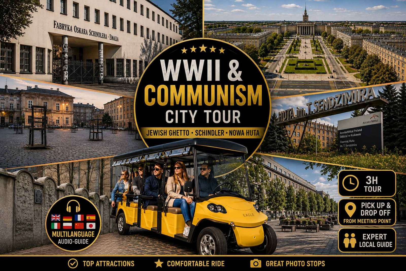 Cracovie : visite en voiturette de golf : ghetto de la Seconde Guerre mondiale, Schindler et communisme